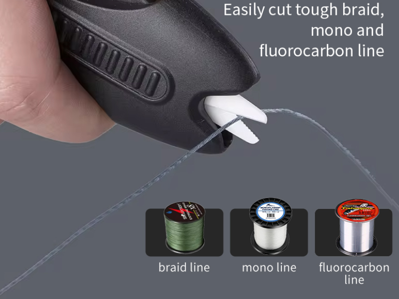Handheld black fishing line cutter cutting through braided, monofilament, and fluorocarbon lines easily Handheld black fishing line cutter cutting through braided, monofilament, and fluorocarbon lines easily