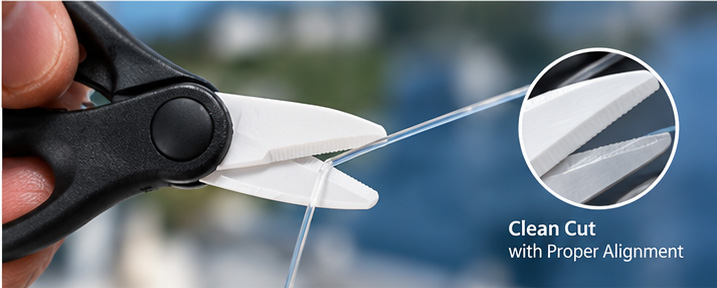 Close-up of scissor blade alignment when cutting fluorocarbon fishing line