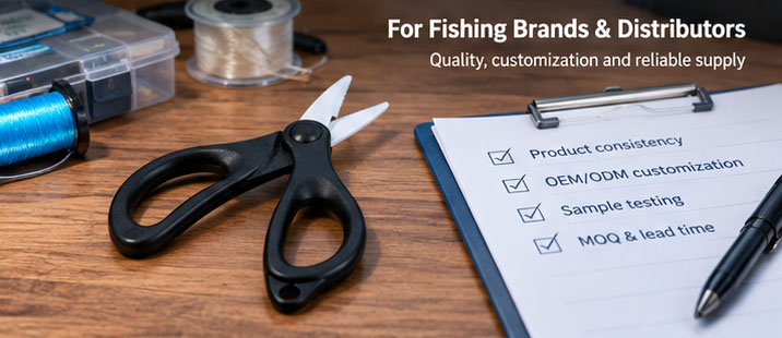 Ceramic fishing scissors alongside fishing line spools and an OEM product evaluation checklist