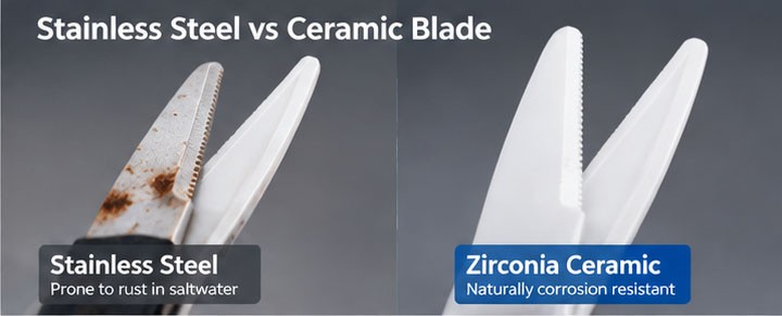 Side-by-side comparison between rusted stainless steel fishing scissors blade and naturally rustproof zirconia ceramic fishing blade.