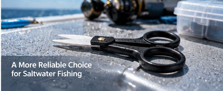 Compact black handles ceramic fishing line scissors resting on a wet boat deck for saltwater sea fishing.