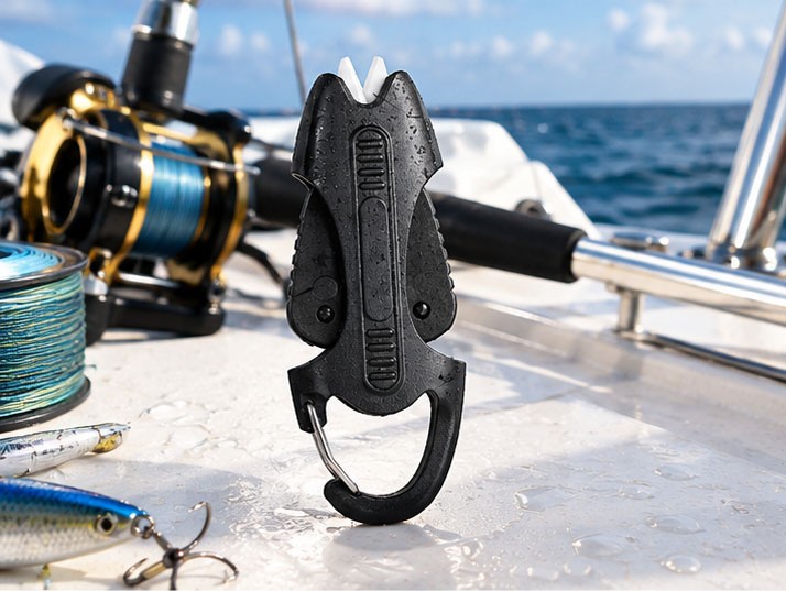 Rustproof fishing scissors on a boat deck with saltwater fishing tackle