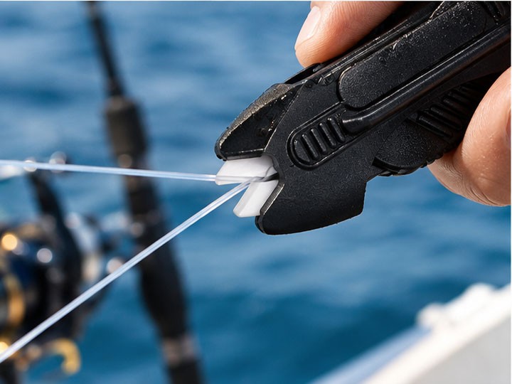 Ceramic fishing scissors cutting fishing line during a saltwater fishing trip