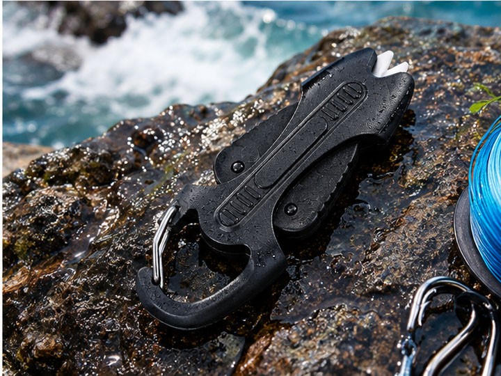 Black ceramic fishing scissors with a metal carabiner on wet coastal rocks