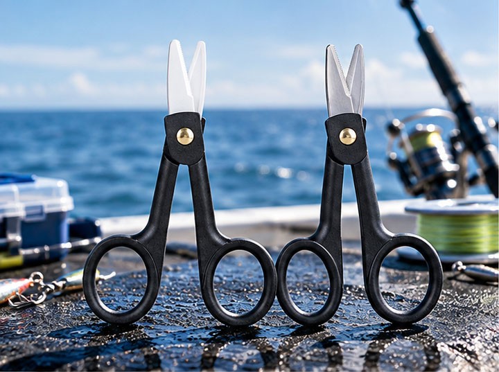 Black-handled ceramic fishing scissors with white serrated blades on a saltwater fishing boat