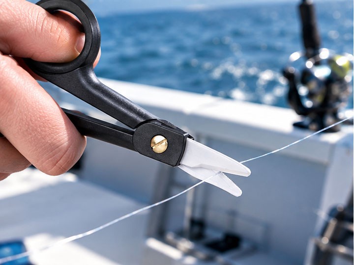 Ceramic fishing scissors cutting transparent monofilament fishing line on a boat