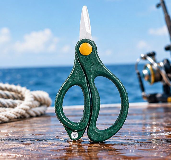 Green-handled ceramic fishing scissors on a wet boat deck during saltwater fishing.