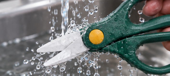 Rinsing ceramic fishing scissors with fresh water after saltwater use to remove salt residue.