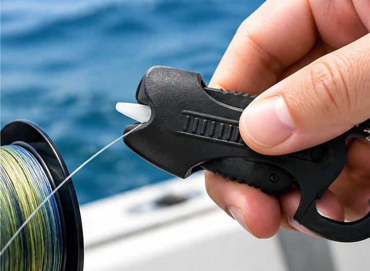 Handheld ceramic fishing scissors cutting through braided line effortlessly