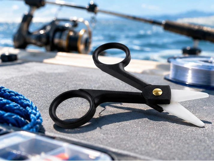 Ceramic fishing scissors with black handles and white blades on a fishing boat deck