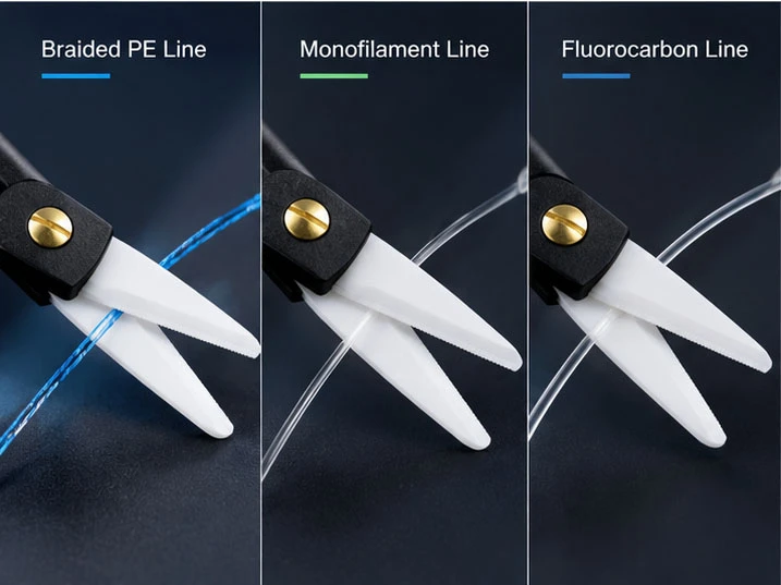 Ceramic fishing scissors evaluated for cutting braided PE, monofilament, and fluorocarbon fishing lines