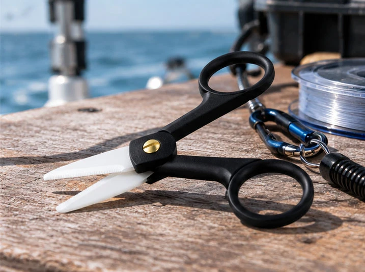 Black-handled ceramic fishing scissors beside fishing tackle on a boat deck
